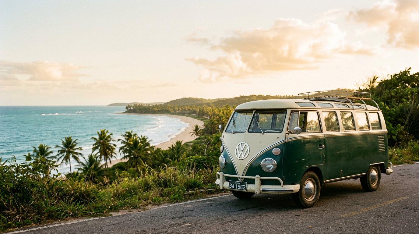 Classic Volkswagen bus on a coastal road in Brazil