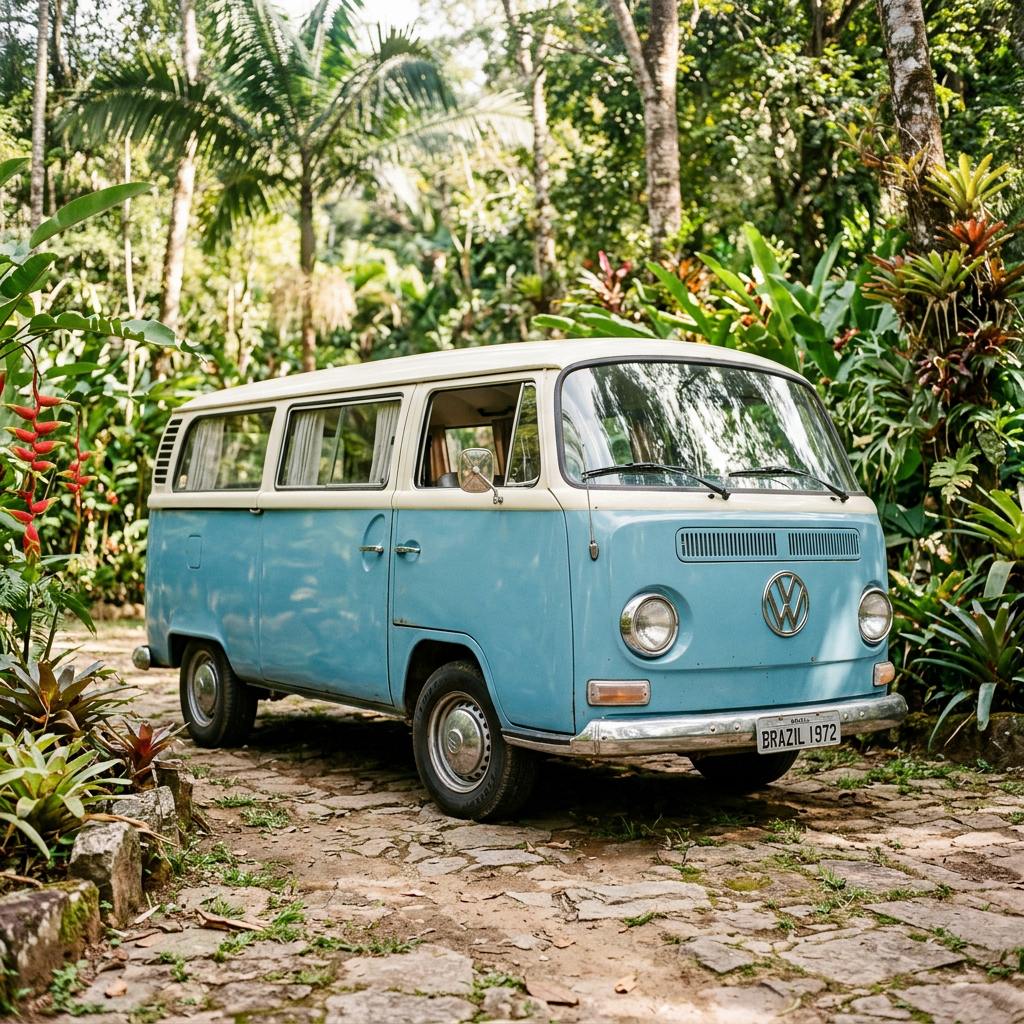 Illustrative Volkswagen Bus T2 Bay Window in blue and white